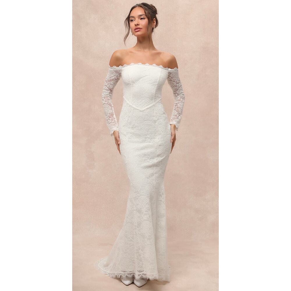 Lulus Beloved Promise White Lace Off-the-Shoulder Mermaid Maxi Dress S - Picture 1 of 6
